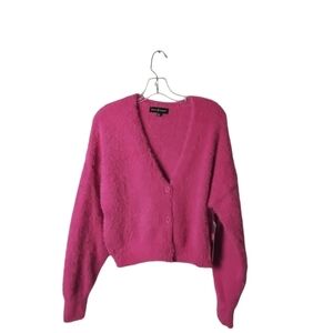 Almost Famous Women's Pink V-Neck Botton Fuzzy Long Sleeve Cardigan Sweater XL
